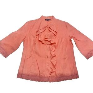 ❤️ Jones New York Linen Ruffle Crochet Lace Blouse Coral J4